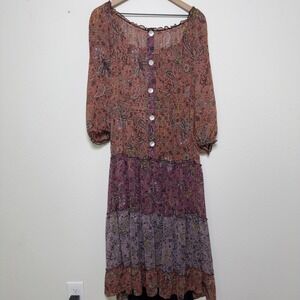 Figueroa & Flower Women Midi Dress 2X Pink Paisley Tiered Smocked Patchwork Boho